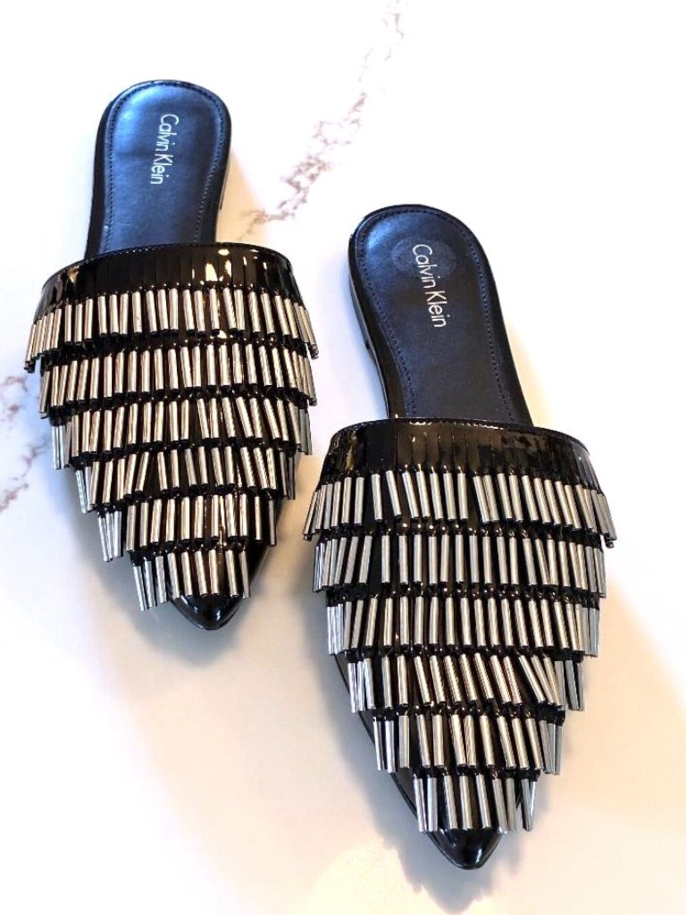 *EUC* Calvin Klein  ADDIE Embellished Black Patent Womens Slide Mule Shoe Sz 8